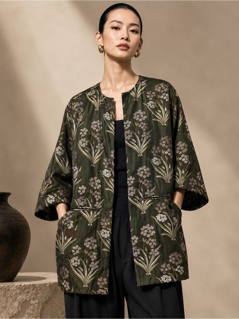 H&M Jacquard Floral Cocoon Open Front Jacket Coat Size 4 - Picture 3 of 11